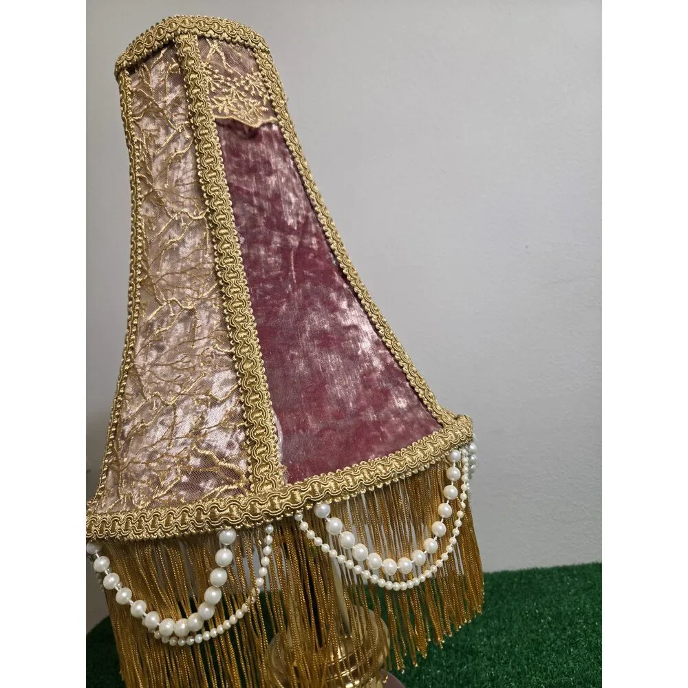 Vintage Hand-Restored Boudoir Table Lamp – Ornate Pink Velvet & Beaded Fringe B